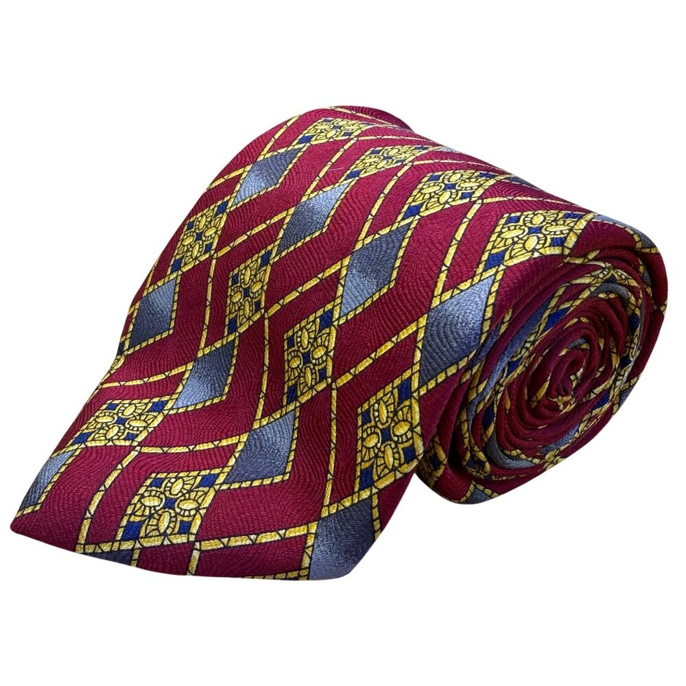 DeSantis Mens Burgundy & Yellow 100% Silk Handmade Tie Diamond Geometric Pattern